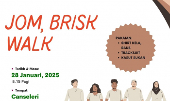 Aktiviti Jom Brisk Walk anjuran Kelab Kebajikan BAKTI Fakulti Teknologi Kejuruteraan Awam, UMPSA pada 28 Januari 2025 berhadapan Bangunan Canseleri UMPSA Kampus Gambang. Semua warga FTKA dijemput untuk menyertai program ini. 